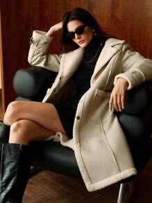 Anewsta Women's Mid-Length Faux Shearling Leather Coat - Apricot - View 5