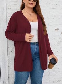 SHEIN LUNE Plus Size Solid Color Long Sleeve Cardigan, Casual Daily Wear Winter Fall Autumn - Burgundy - View 1