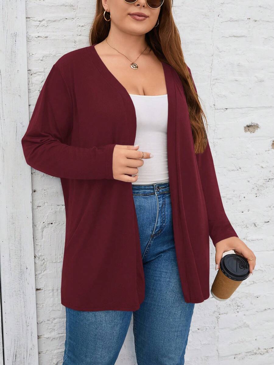 SHEIN LUNE Plus Size Solid Color Long Sleeve Cardigan, Casual Daily Wear Winter Fall Autumn - Burgundy - View 1