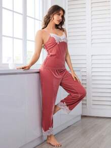 SHEIN Women's Romantic Ruffle Bow Embroidered Velvet Fabric Long Sleeve Cardigan And Pants Casual 2pcs Homewear Matching Set