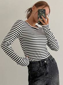 DAZY 女士休闲条纹保暖内衬保暖T恤，秋冬长袖女上衣 - 黑與白 - 查看 7