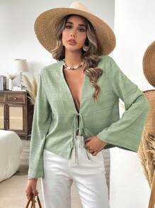 SHEIN VCAY Casual Solid Color Woven Loose Fit Long Sleeve Women Blouse