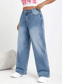 SHEIN EZwear Plus Size Casual Distressed Straight Leg Jeans