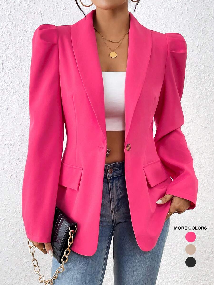Women's Spring/Autumn Solid Color Cape Collar Gigot Sleeve Long Fashion Blazer - Hot Pink - View 1