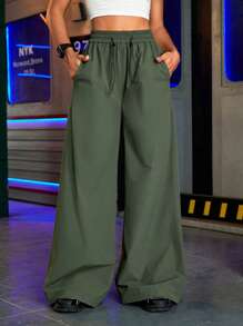 SHEIN Sports 女士纯色抽绳宽松运动裤 - 軍綠色 - 查看 6