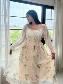 Easura 加大码花卉褶皱前扣长裙，休闲度假长款女装秋季服装 - 杏色 - 查看 9