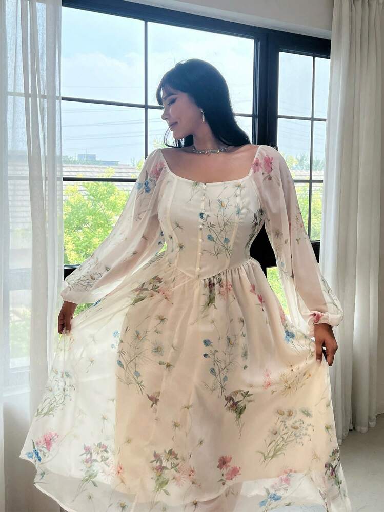 Easura 加大码花卉褶皱前扣长裙，休闲度假长款女装秋季服装 - 杏色 - 查看 9