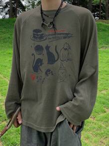 DAZY Casual T-shirt voor heren met ronde hals en lange mouwen en letterprint, dagelijkse herfstkleding