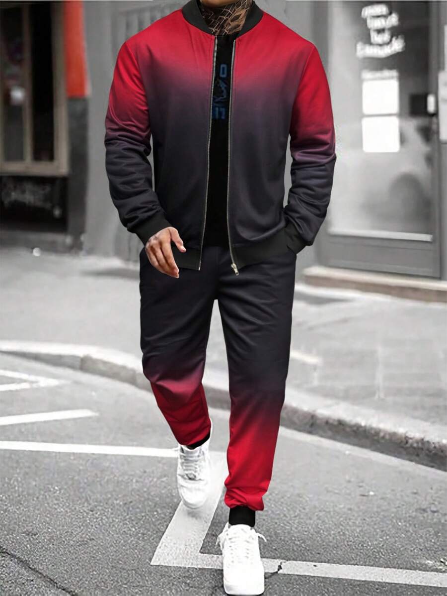 Manfinity Hypemode Conjunto informal de 2 piezas con chaqueta con cremallera y pantalones de degradado para hombres, para primavera y otoño - Multicolor - Ver 1