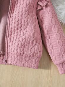 Tween Girl Loose Casual Jacquard Knit Hooded Ruffle Trim Cardigan - Pink - View 4