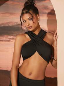 SHEIN Unity Cross Wrap Hooded Cami Top - Black - View 2