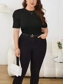SHEIN Privé Áo thun ngắn tay cổ tròn đơn giản màu trơn dành cho nữ Plus Size - màu đen - Xem 5