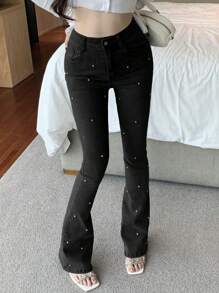 DAZY Women's Diamond Embellished Flared Jeans - Black - View 5