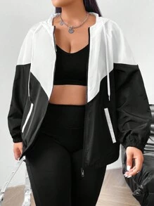 SHEIN EZwear 大码拼色抽绳连帽夹克，春秋装 - 白色 - 查看 7