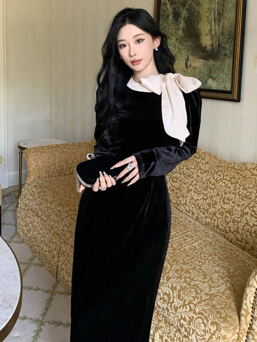 DAZY Dazy X KIMYOUJUNG Collection Color-Block Long Sleeve Cinching Waist Dress For Women,Fall Clothes