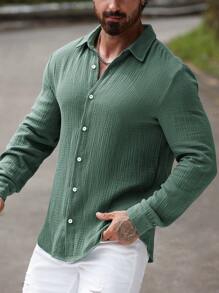 Manfinity Homme Chemise décontractée à manches longues, simple couleur, à simple boutonnage, pour homme - Vert - Voir 6