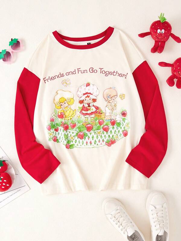 Strawberry Shortcake X SHEIN Plus Size Casual Colorblock Red Strawberry Print Tee, Autumn Back To School Season