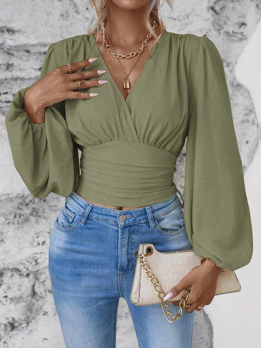 SHEIN Clasi Solid V-Neck Criss-Cross Ruched Long Sleeve Blouse - Olive Green - View 1