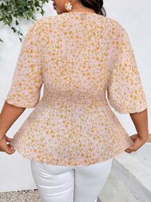 SHEIN Holidaya 大码休闲碎花系腰衬衫荷叶边上衣 - 粉色 - 查看 3