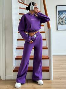 EURMUSE 棉质女式连帽衫，带字母印花和松紧腰带，加厚运动服套装 - 紫色 - 查看 4