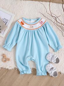 SHEIN Infant Girls' Simple Stylish Light Blue Kitty Embroidery Collar Long Sleeve Romper Jumpsuit Pajamas - Baby Blue - View 1