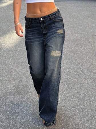 Calça jeans feminina casual, rasgada, reta, cintura baixa, sexy, estilo cowgirl