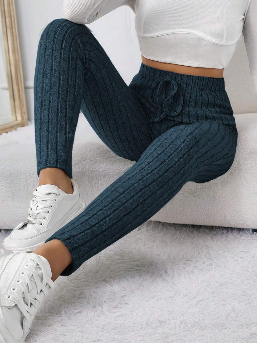 SHEIN Frenchy Của phụ nữ Màu thuần Đúng mốt Linh hoạt Sọc Xà cạp - Màu xanh hải quân - Xem 1