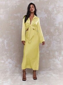 MISSGUIDED Textured Open Shirt And Maxi Skirt Two Piece Co-Ord Set - Yellow - View 1