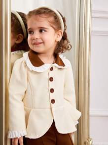 SHEIN طقم فتاة شتوي خريفي دافئ: معطف صوفي بياقة مكسرة و بنطلون مطوي 2 قطعة - متعدد الألوان - مشاهدة 3