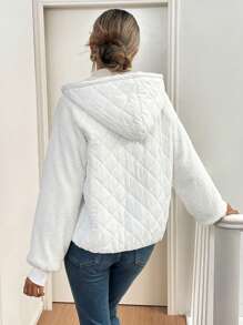 SHEIN Essnce Women's Solid Color Raglan Sleeve Casual Hooded Padded Coat, Autumn/Winter - White - View 2