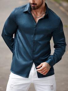 Manfinity Homme Men's Solid Color Single-Breasted Casual Everyday Shirt,Long Sleeve Shirts,Fall Men Clothes,Green Shirt - Dark Green - View 5