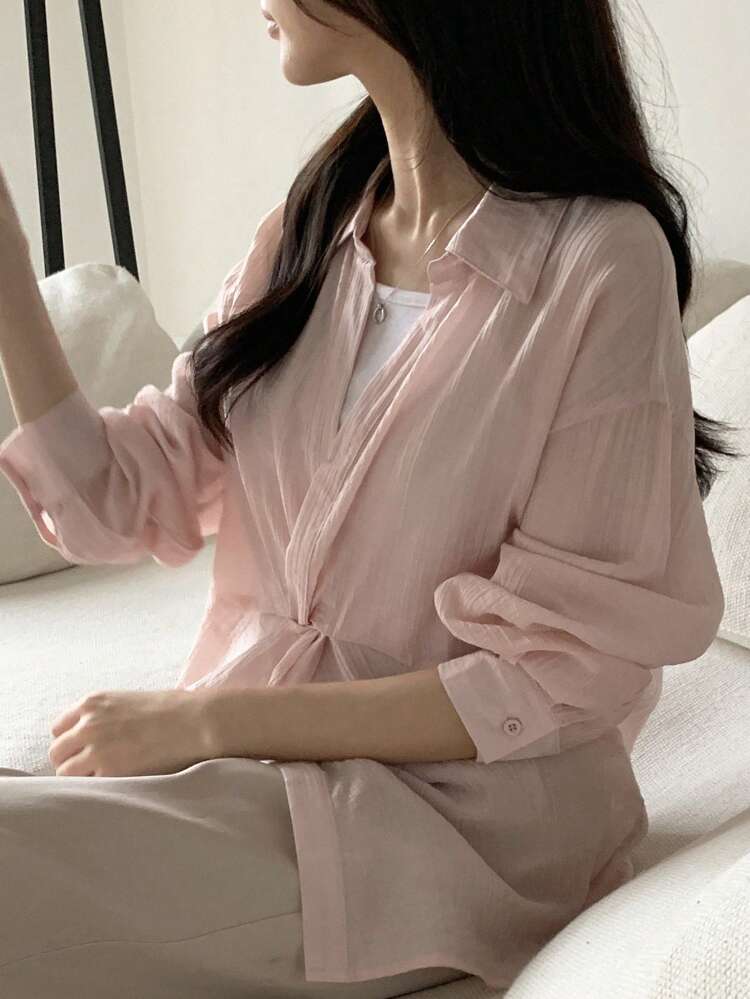 Women's Loose Solid Pink Long Sleeve Twist Knot Shirt,Fall Clothes