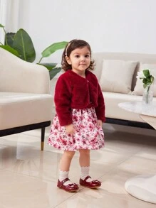 Baby Girl Winter Elegant Lady Red Imitation Rabbit Fur Warm Coat Full Of Flowers Bow Belt High-End Dress Skirt