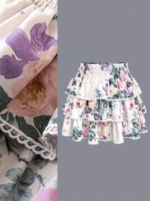 Sunnyshic Plus Size Floral Print Multi-Layered Skirt With Lace Detailing And Ruffled Hem - Multicolor - View 6