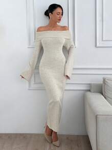 EURMUSE Off Shoulder Sweater Maxi Dress - Apricot - View 7