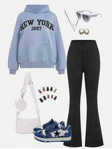 SHEIN Girlism 2 件套青少年女孩纯色字母图案连帽衫套头衫和喇叭裤休闲羊毛加厚服装 - 淺藍色 - 查看 1