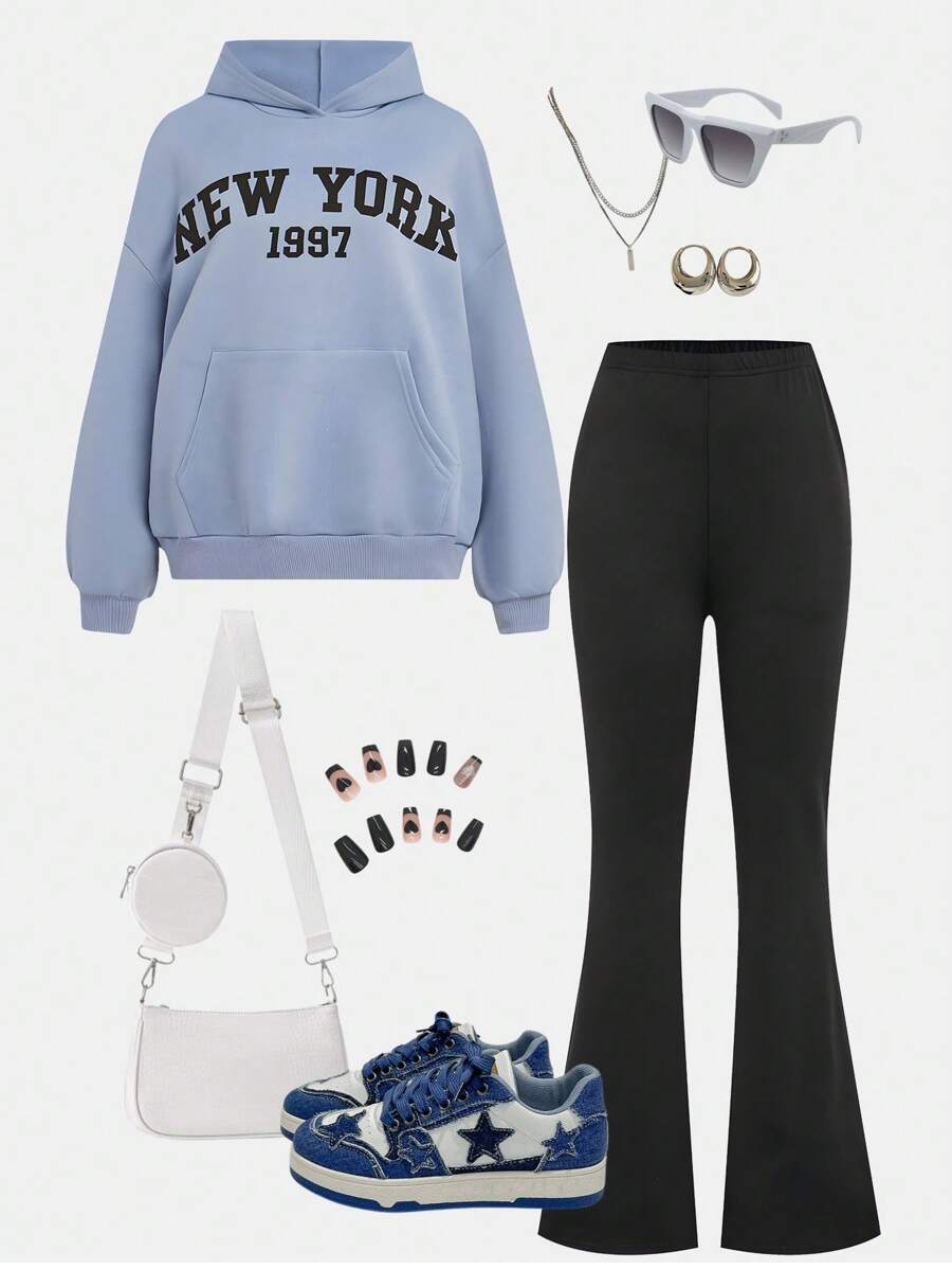 SHEIN Girlism 2 件套青少年女孩纯色字母图案连帽衫套头衫和喇叭裤休闲羊毛加厚服装 - 淺藍色 - 查看 1