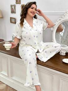 CottageSlumber Set de pijamale cu mânecă scurtă și guler cu volan din șifon cu imprimeu floral - Violet - Vizualizare 5