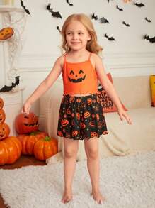 SHEIN Young Girl Cute Cartoon Pumpkin Pattern Camisole & Shorts 2 Pieces Set,Comfortable Orange Summer Family Matching Sleepwear Homewear Mommy And Me - Orange - View 5