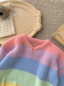 SHEIN LMoss Kids LMoss Baby Girls Crew Neck Colorful Striped Casual Sweater, Fashionable Outdoor Knitwear For Fall/Winter - Dusty Pink - View 3