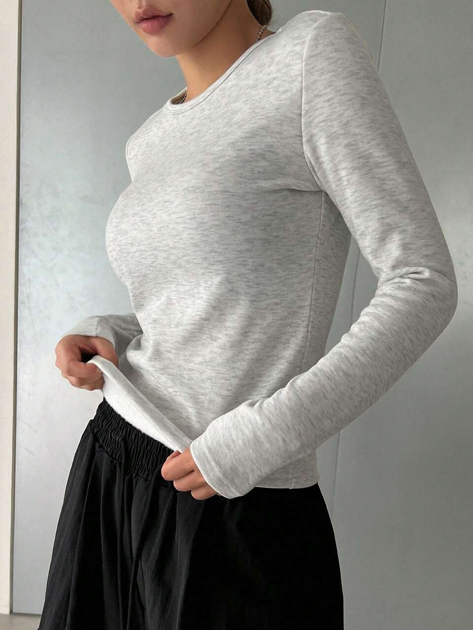 Women Crew Neck Long Sleeve Casual Daily Wear T-Shirt,Thermal Lined Autumn, Everyday Light Grey