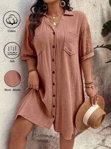 Linhara Plus Size Solid Color Button Front Casual Shirt Dress - Dusty Pink - View 2