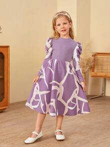 SHEIN Leap Crew Young Girl Elegant Mock Neck Patchwork Geometric Pattern Long Sleeve Mid-Length Dress - Purple - View 1