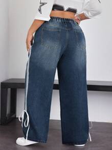 SHEIN EZwear Plus Size Solid Simple Everyday Cat Whisker Decoration Boyfriend Jeans - Blue - View 2