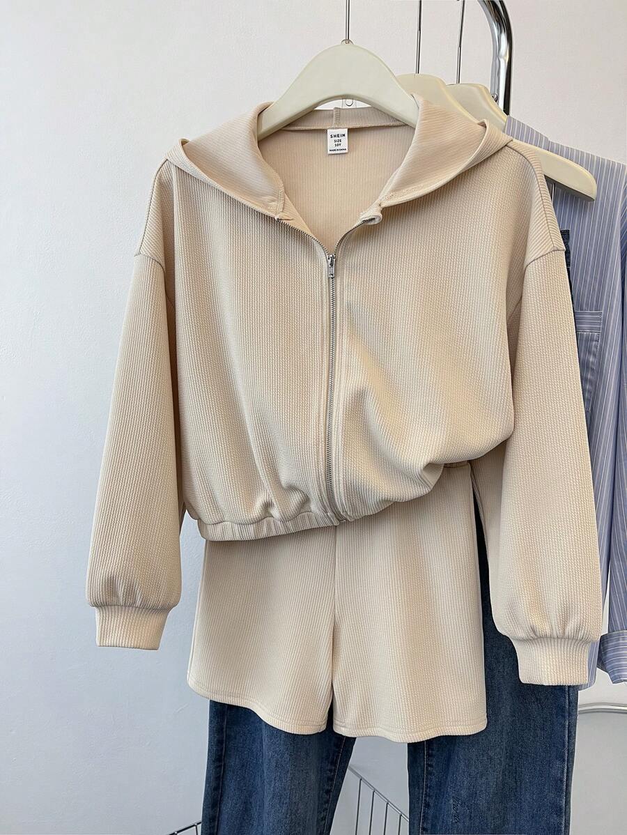 SHEIN Tween Girls Relaxed Casual Simple College Style Graphic Hoodie And Shorts 2pcs Set - Khaki - View 1