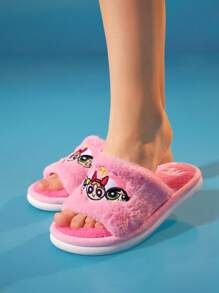 THE POWERPUFF GIRLS X SHEIN 女士可爱花朵、泡泡、毛茛刺绣露趾毛绒家居拖鞋，适合新年、春季、春假、复活节、情人节、冬季等场合，Y2K - 淺粉色 - 查看 6