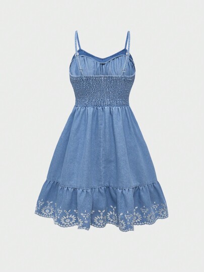 Kawaii Laser Cut Ruffle Hem Cami Denim Dress