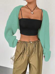 Flirla Plain Long Sleeve Minimalist Cropped Casual Cardigan Fall Cloth For Women - Green - View 4