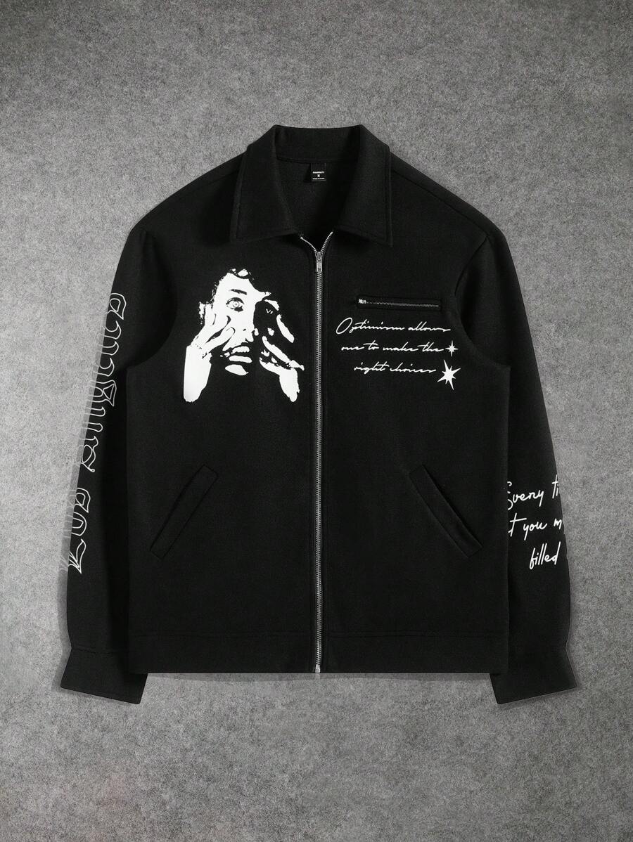 Manfinity EMRG Áo khoác & áo khoác nam in khóa kéo thường ngày, áo khoác dài tay họa tiết màu đen có khóa kéo khi đi chơi, quà tặng cho bạn bè, chồng, bạn trai - màu đen - Xem 1