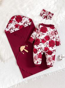 SHEIN 3 pezzi/set Tuta elegante a maniche lunghe con stampa floreale, fascia per la testa e scialle set comodo abbigliamento da casa per bambine